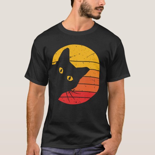 レトロサンセットピーカブー猫メンズTシャツ Tシャツ (正面)