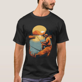 レトロサンセットフィッシャーマン風景グラフィック Tシャツ