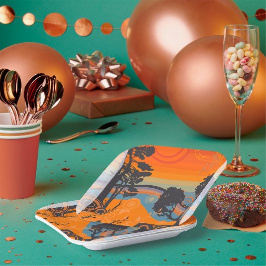 レトロサンセットフォレストランドスケープ抽象芸術 ペーパープレート