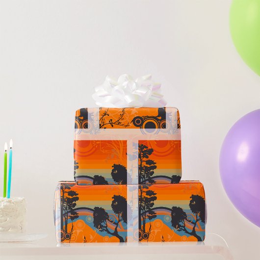 レトロサンセットフォレストランドスケープ抽象芸術 ラッピングペーパー