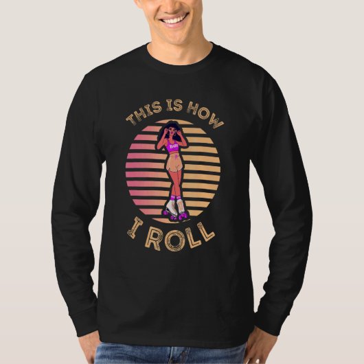レトロサンセットローラスケートで滑るガールズアフロ Tシャツ (正面)
