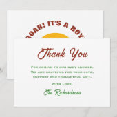 レトロサンセット恐竜が男の子の赤ちゃんのシャワーを轟音 サンキューカード (正面/裏面)