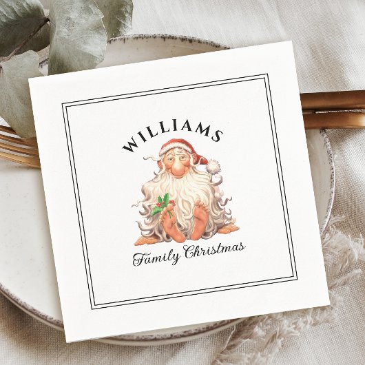 レトロサンタクリスマスファミリーネーム スタンダードカクテルナプキン