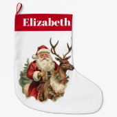 レトロサンタクロースがトナカイのクリスマスに乗る ラージクリスマスストッキング (正面)