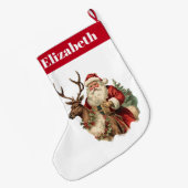 レトロサンタクロースがトナカイのクリスマスに乗る ラージクリスマスストッキング (裏面 (吊り時))