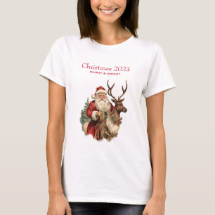 レトロサンタクロースがトナカイのクリスマスに乗る Tシャツ
