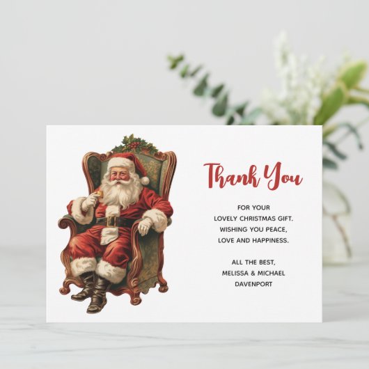 レトロサンタクロースが椅子に座るクリスマス サンキューカード (スタンド正面)