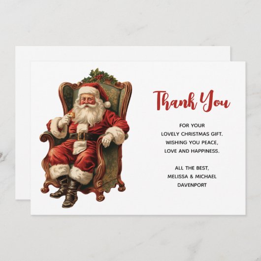 レトロサンタクロースが椅子に座るクリスマス サンキューカード (正面/裏面)