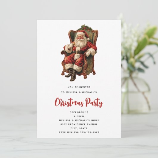 レトロサンタクロースが椅子に座るクリスマス 招待状 (スタンド正面)