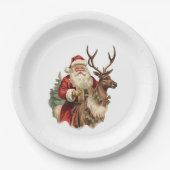 レトロサンタクロースとトナカイのクリスマス ペーパープレート (正面)