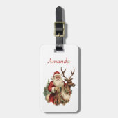 レトロサンタクロースとトナカイのクリスマス ラゲッジタグ (正面縦)