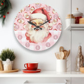 レトロサンタクロースのピンクと白の格子模様クリスマス ラージ壁時計