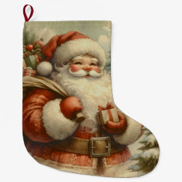 レトロサンタクロースイラストレーション ラージクリスマスストッキング