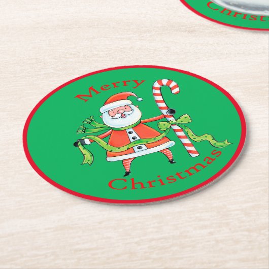 レトロサンタクロースキャンディーケーンクリスマス ラウンドペーパーコースター (アングル)