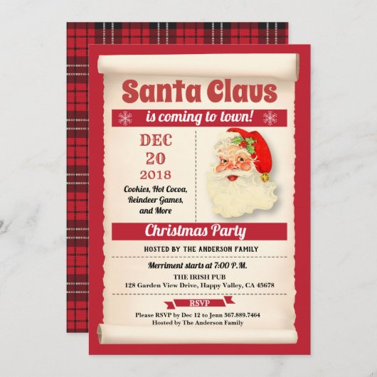 レトロサンタクロースクリスマスパーティーヴィンテージ 招待状 (正面/裏面)