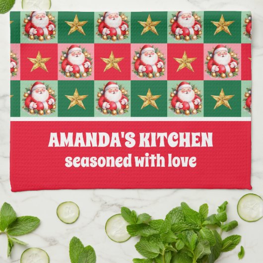 レトロサンタクロースタータンチェックプレイドクリスマス キッチンタオル (折り畳み)