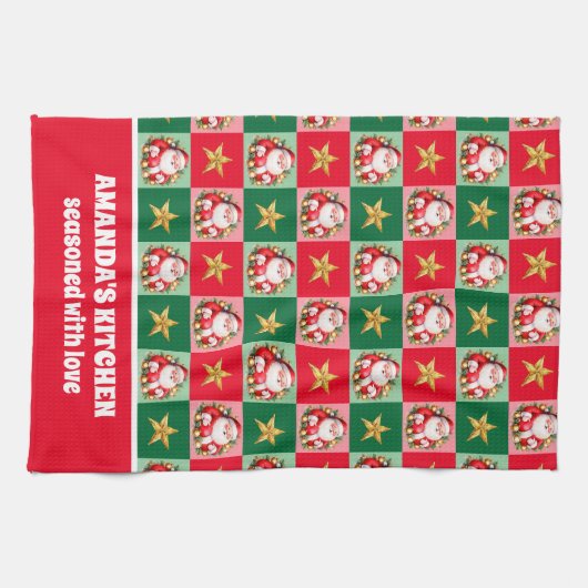 レトロサンタクロースタータンチェックプレイドクリスマス キッチンタオル (横)