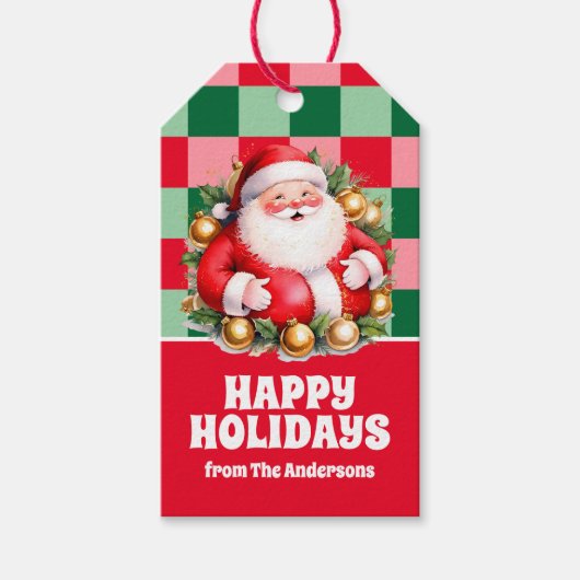 レトロサンタクロースタータンチェックプレイドクリスマス ギフトタグ (正面)