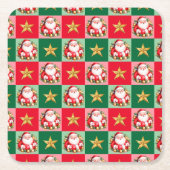 レトロサンタクロースタータンチェックプレイドクリスマス スクエアペーパーコースター (正面)