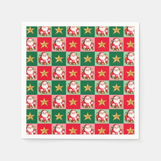 レトロサンタクロースタータンチェックプレイドクリスマス スタンダードカクテルナプキン (正面)