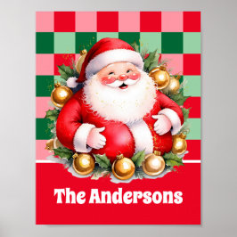 レトロサンタクロースタータンチェックプレイドクリスマス ポスター