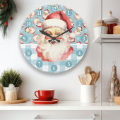 レトロサンタクロース青と白の格子模様クリスマス ラージ壁時計