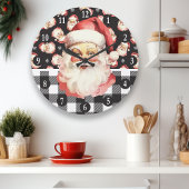 レトロサンタクロース黒白の格子模様クリスマス ラージ壁時計