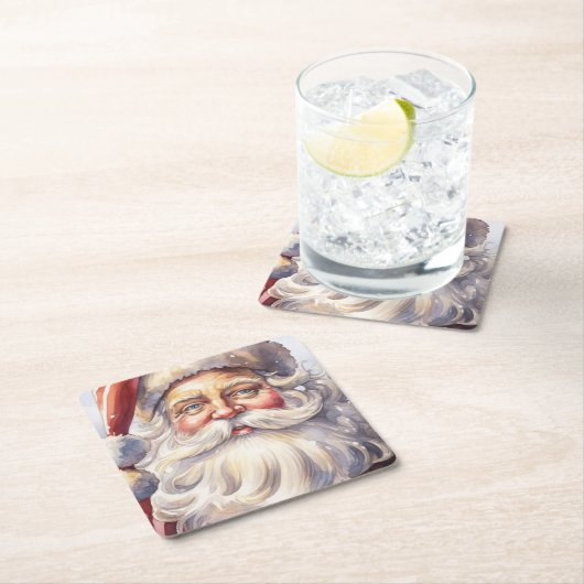 レトロサンタクロースinレッドハットクリスマス スクエアペーパーコースター (インサイチュ)