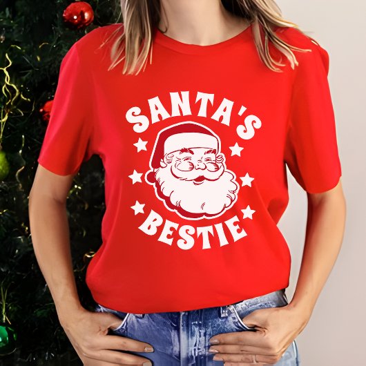 レトロサンタズベスティーモダンレッドウィメンズクリスマス Tシャツ