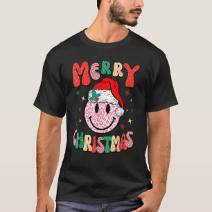 レトロサンタハットヒョウスマイル顔メリークリスマス Tシャツ