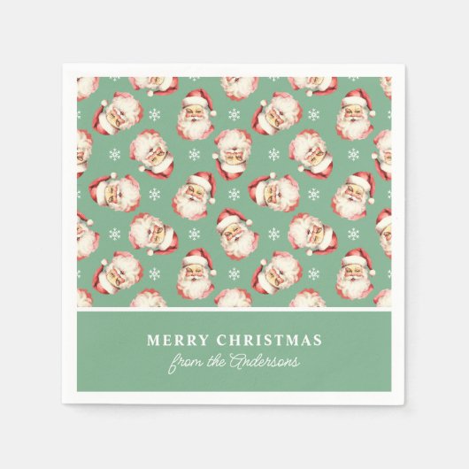 レトロサンタパーソナライズされたグリーンネームクリスマス スタンダードカクテルナプキン (正面)