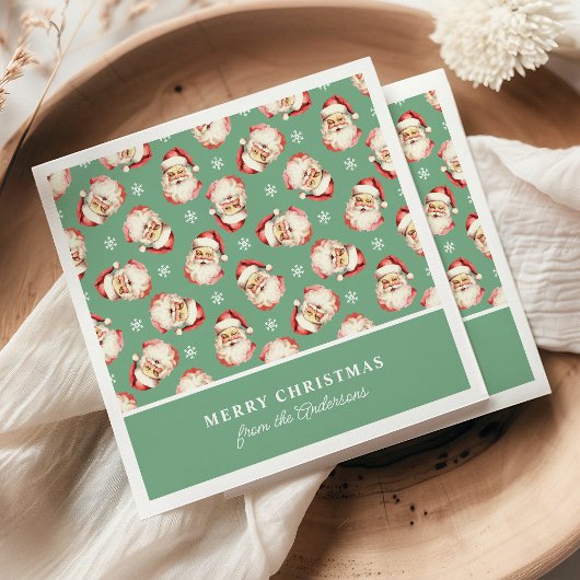 レトロサンタパーソナライズされたグリーンネームクリスマス スタンダードカクテルナプキン
