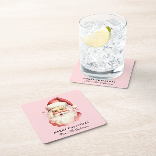レトロサンタパーソナライズされたピンクネームクリスマス スクエアペーパーコースター (インサイチュ)