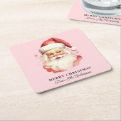 レトロサンタパーソナライズされたピンクネームクリスマス スクエアペーパーコースター (アングル)
