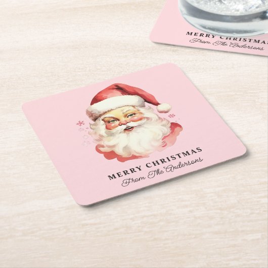 レトロサンタパーソナライズされたピンクネームクリスマス スクエアペーパーコースター (アングル)