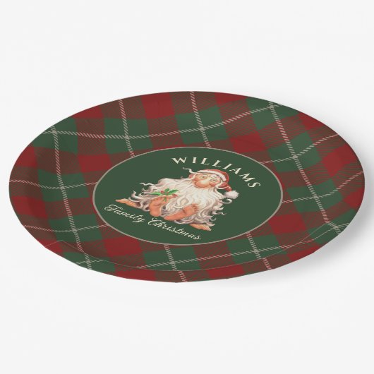 レトロサンタファミリークリスマスファミリーネーム ペーパープレート (アングル)