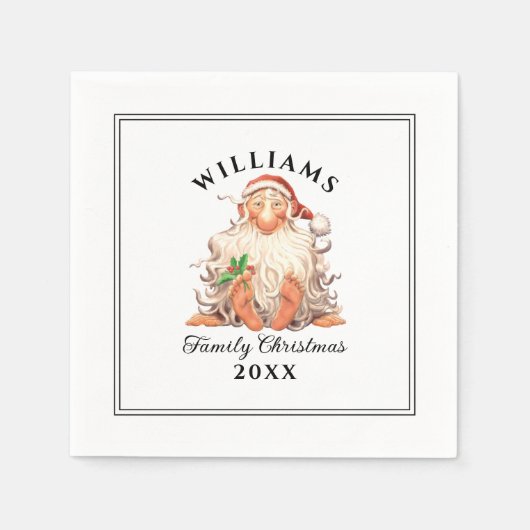 レトロサンタファミリークリスマス(名前と年) スタンダードカクテルナプキン (正面)