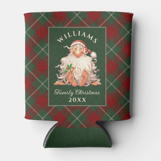レトロサンタファミリークリスマス（名前と年） 缶クーラー (正面)
