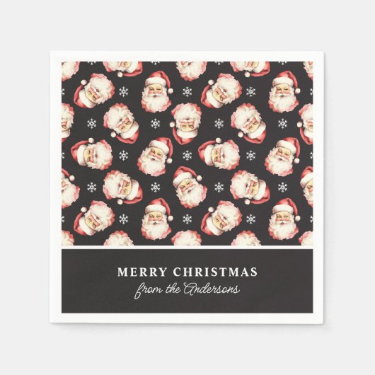 レトロサンタブラックパーソナライズされたネームクリスマス スタンダードカクテルナプキン (正面)