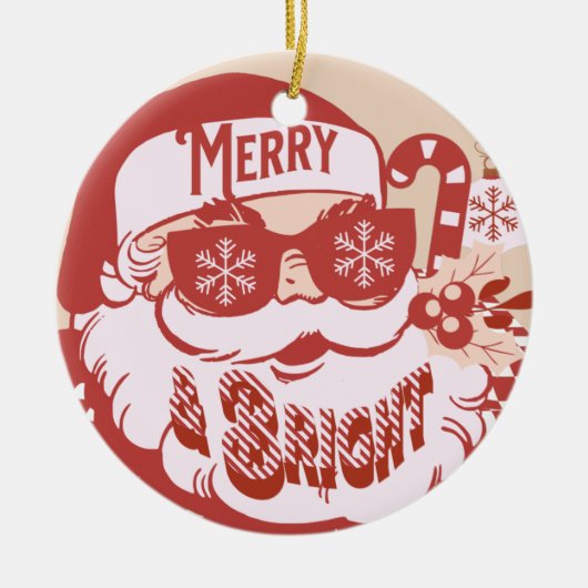 レトロサンタメリーブライトクリスマスピンクレッド セラミックオーナメント (正面)