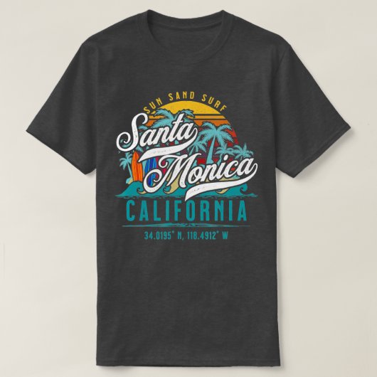 レトロサンタモニカカリフォルニアサンサンドサーフビーチ Tシャツ (デザイン正面)