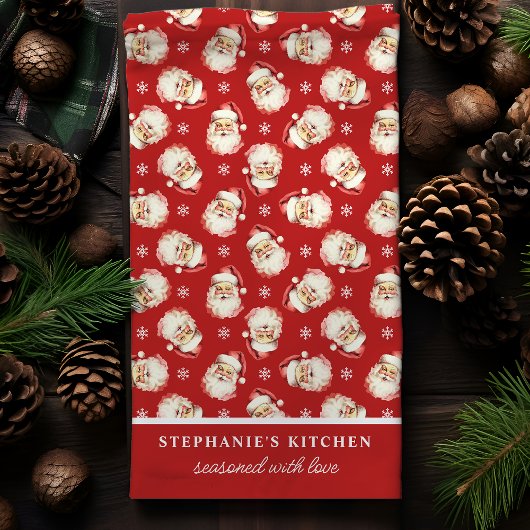 レトロサンタレッドパーソナライズされたネームクリスマス キッチンタオル