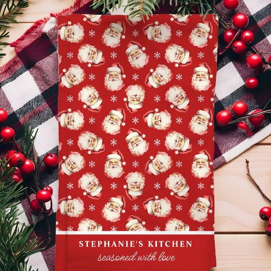 レトロサンタレッドパーソナライズされたネームクリスマス キッチンタオル