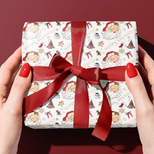 レトロサンタ・ホワイトとレッド・オールクリスマス ラッピングペーパー