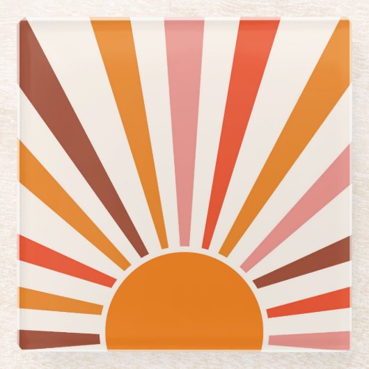 レトロサンバーストサンセットオレンジイエローレッドピンク ガラスコースター (正面)