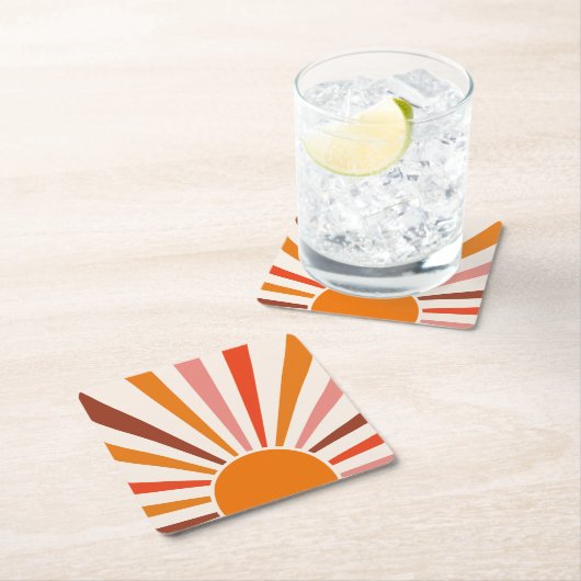 レトロサンバーストサンセットオレンジイエローレッドピンク スクエアペーパーコースター (インサイチュ)