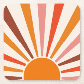 レトロサンバーストサンセットオレンジイエローレッドピンク スクエアペーパーコースター (正面)