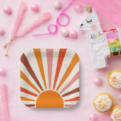 レトロサンバーストサンセットオレンジイエローレッドピンク ペーパープレート (パーティー)