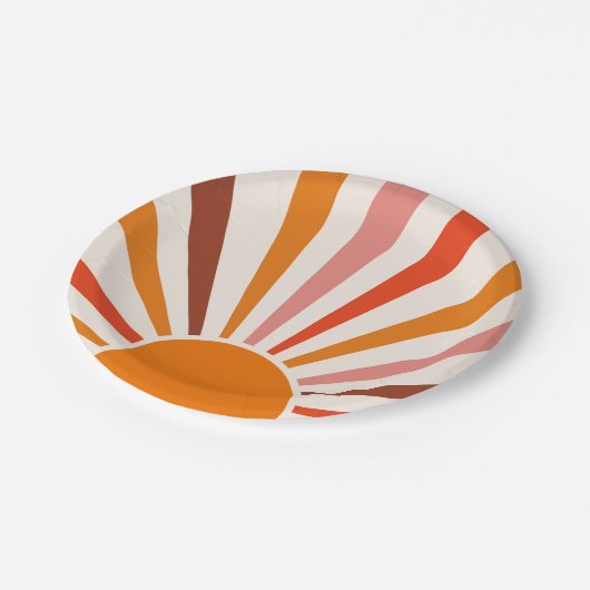 レトロサンバーストサンセットオレンジイエローレッドピンク ペーパープレート (アングル)
