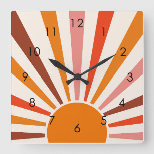 レトロサンレイズバーストサンセットオレンジイエローレッド スクエア壁時計